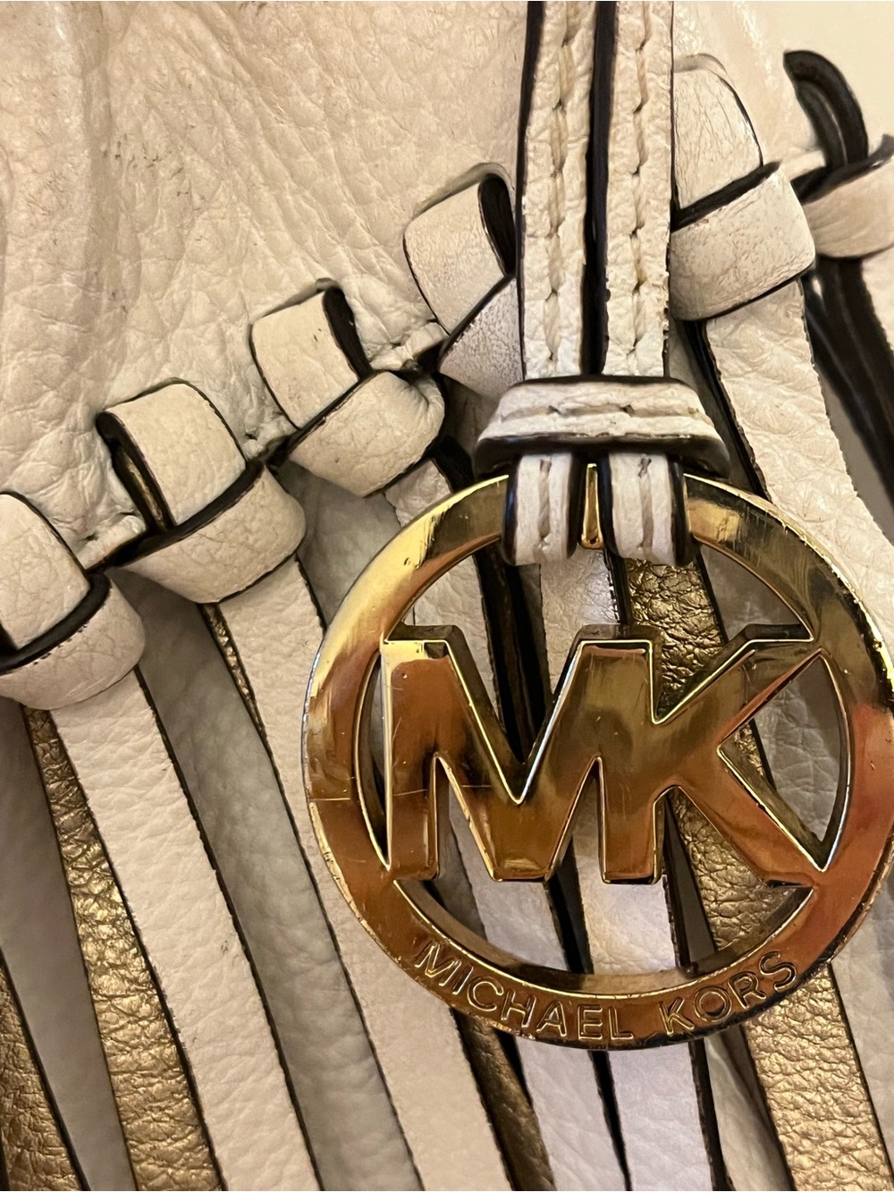 Michael Kors Cream and Brown Leather Fringe Drawstring Shoulder Bag - Picture 3 of 9
